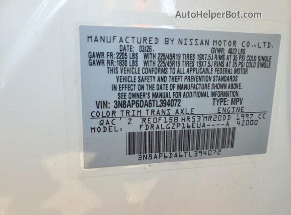 3N8AP6DA6TL394072 2026 NISSAN KICKS Белый Вид наклейки с VIN-кодом