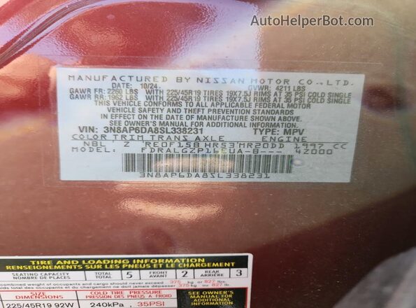 3N8AP6DA8SL338231 2025 NISSAN KICKS Red VIN კოდის სტიკერის ხედი