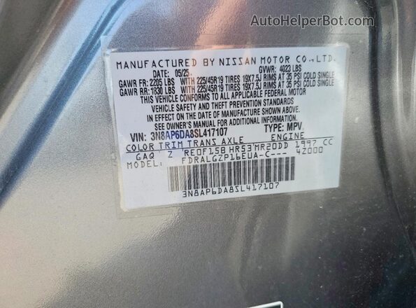 3N8AP6DA8SL417107 2025 NISSAN KICKS Charcoal VIN sticker view