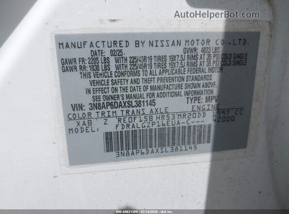 3N8AP6DAXSL381145 2025 NISSAN KICKS White Vista del compartimento del motor
