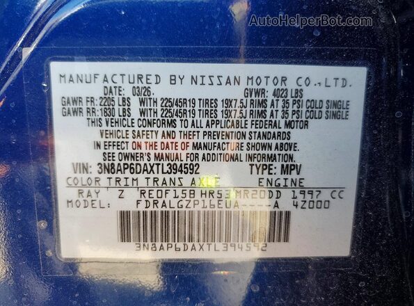 3N8AP6DAXTL394592 2026 NISSAN KICKS Blue Vista de la etiqueta del VIN