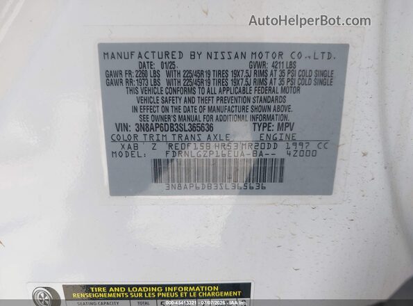 3N8AP6DB3SL365636 2025 NISSAN KICKS White Вид підкапотного простору