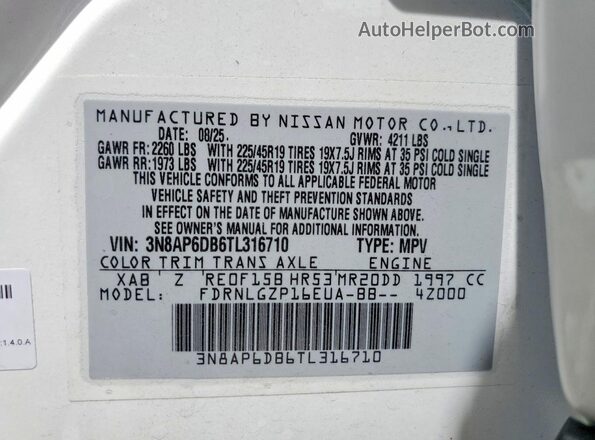 3N8AP6DB6TL316710 2026 NISSAN KICKS White VIN sticker view
