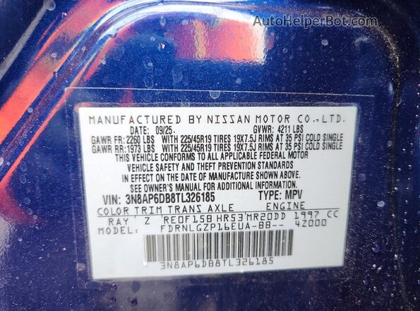 3N8AP6DB8TL326185 2026 NISSAN KICKS Blue VIN կոդի պիտակի տեսք