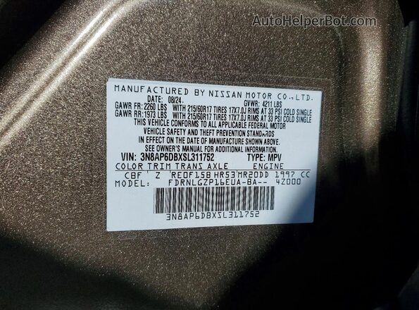 3N8AP6DBXSL311752 2025 NISSAN KICKS Brown Widok naklejki z numerem VIN
