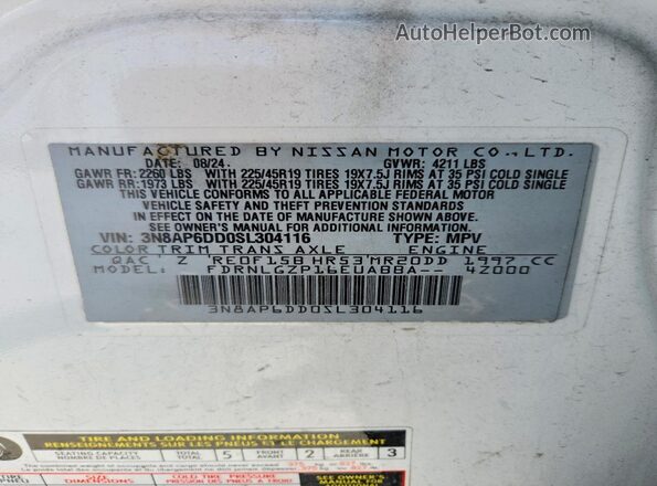 3N8AP6DD0SL304116 2025 NISSAN KICKS Белый Вид наклейки с VIN-кодом