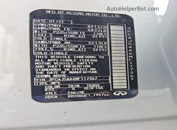 3PCAJ5AA6MF117367 2021 INFINITI QX50 Silver Вид наклейки з VIN-кодом