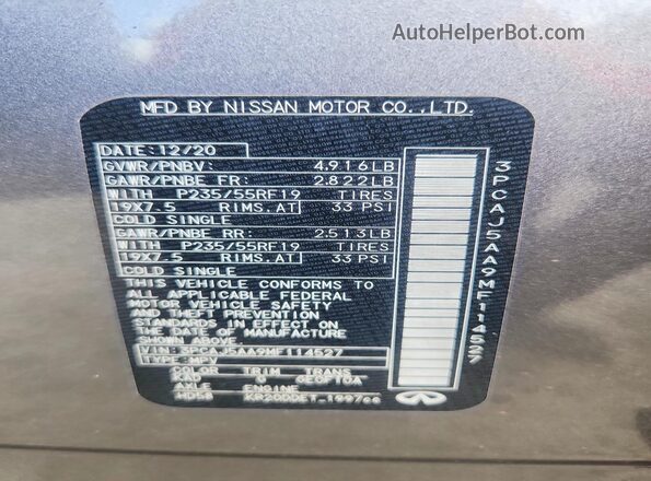 3PCAJ5AA9MF114527 2021 INFINITI QX50 Gray Вид наклейки з VIN-кодом