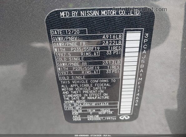 3PCAJ5BA1MF114634 2021 INFINITI QX50 Gray Շարժիչի բաժամունքի տեսք