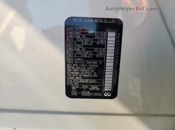 3PCAJ5BA2MF123925 2021 INFINITI QX50 White Vista de la etiqueta del VIN