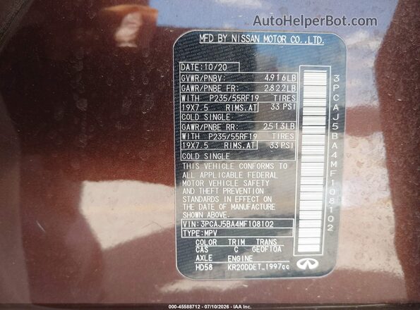 3PCAJ5BA4MF108102 2021 INFINITI QX50 Dark Brown ძრავის განყოფილების ხედი