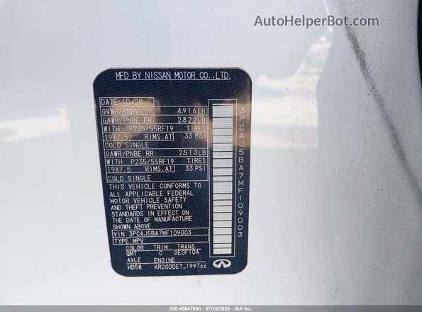 3PCAJ5BA7MF109003 2021 INFINITI QX50 White Widok komory silnika