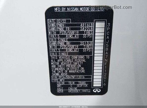 3PCAJ5BA7NF112016 2022 INFINITI QX50 Белый Вид подкапотного пространства