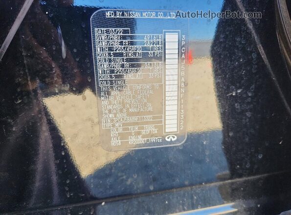 3PCAJ5BA8NF113322 2022 INFINITI QX50 Black Widok naklejki z numerem VIN