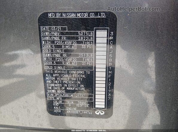 3PCAJ5BB1MF121737 2021 INFINITI QX50 Gray Engine compartment view
