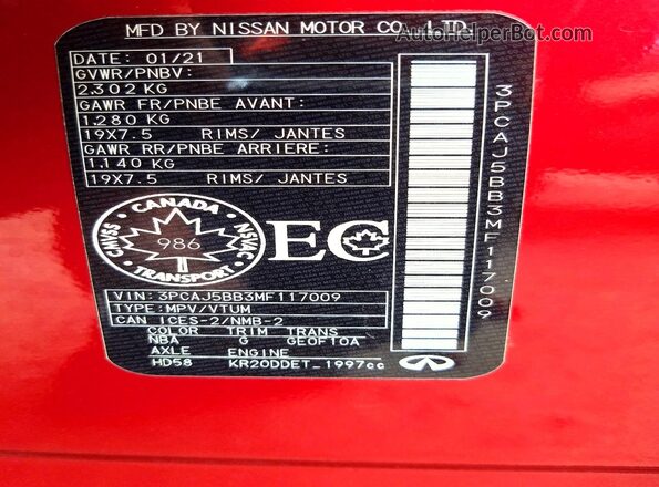 3PCAJ5BB3MF117009 2021 INFINITI QX50 Red Widok naklejki z numerem VIN