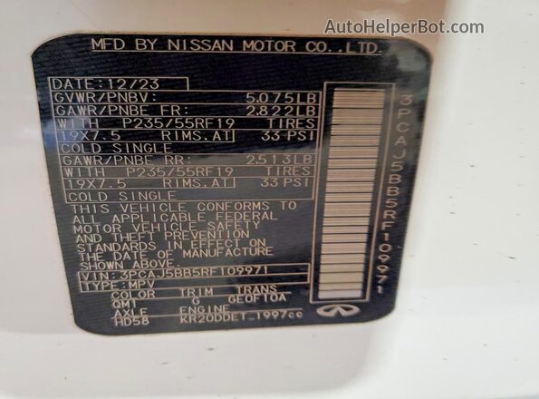 3PCAJ5BB5RF109971 2024 INFINITI QX50 Белый Вид наклейки с VIN-кодом