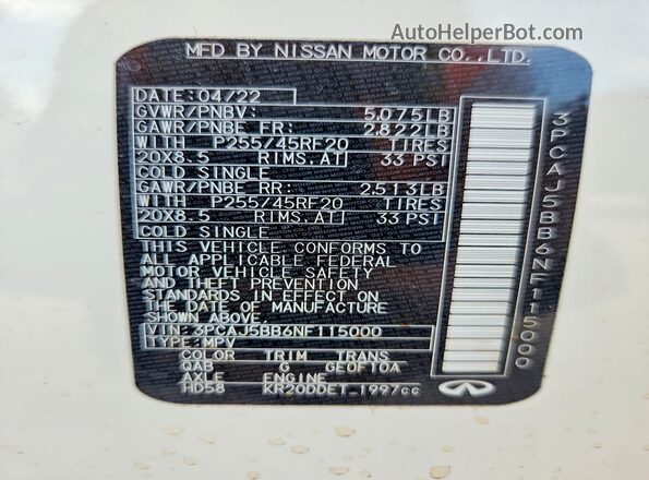 3PCAJ5BB6NF115000 2022 INFINITI QX50 White VIN კოდის სტიკერის ხედი