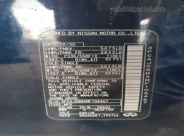 3PCAJ5BBXMF108467 2021 INFINITI QX50 Black VIN կոդի պիտակի տեսք