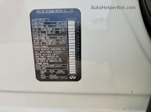 3PCAJ5CA9MF122057 2021 INFINITI QX50 Белый Вид наклейки с VIN-кодом