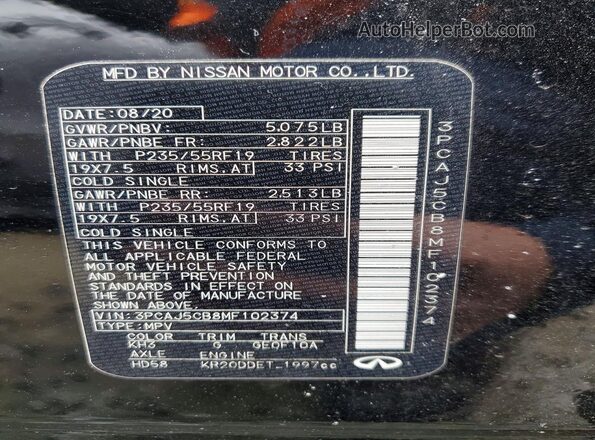 3PCAJ5CB8MF102374 2021 INFINITI QX50 Black Vista de la etiqueta del VIN