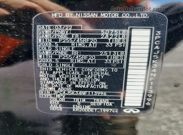 3PCAJ5K34NF113996 2022 INFINITI QX55 Black Widok wnętrza 360 stopni