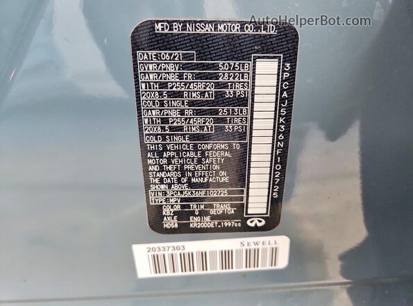 3PCAJ5K36NF102725 2022 INFINITI QX55 Gray Widok wnętrza 360 stopni