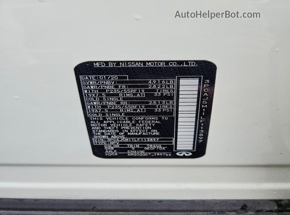 3PCAJ5M11LF113897 2020 INFINITI QX50 White Vista de la etiqueta del VIN
