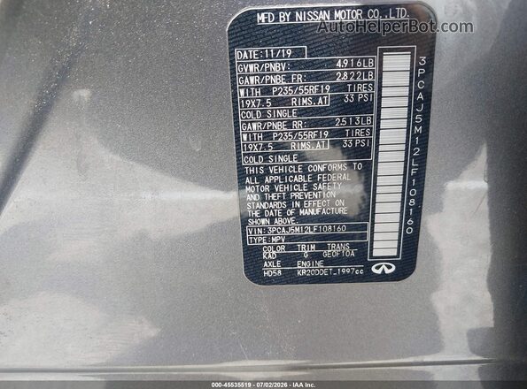 3PCAJ5M12LF108160 2020 INFINITI QX50 Серый Вид подкапотного пространства