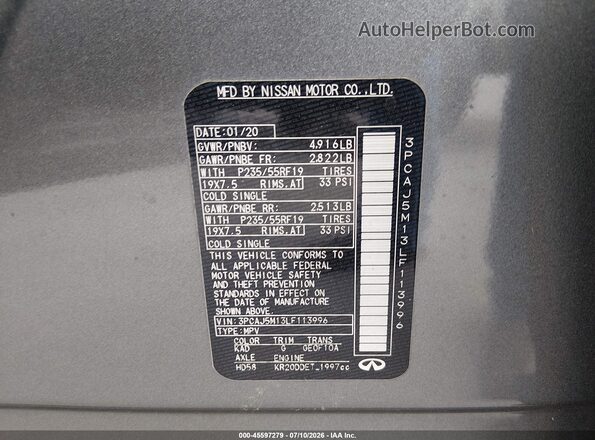 3PCAJ5M13LF113996 2020 INFINITI QX50 Gray Vista del compartimento del motor