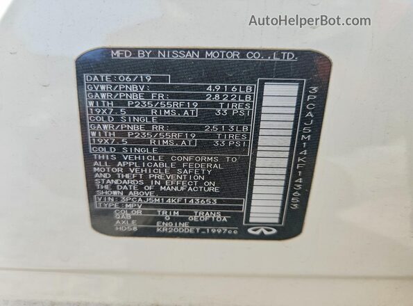 3PCAJ5M14KF143653 2019 INFINITI QX50 White Панорамний вид салону 360°