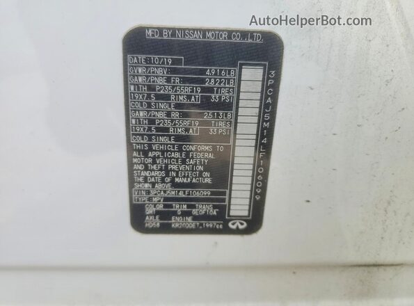 3PCAJ5M14LF106099 2020 INFINITI QX50 White 360 interior view