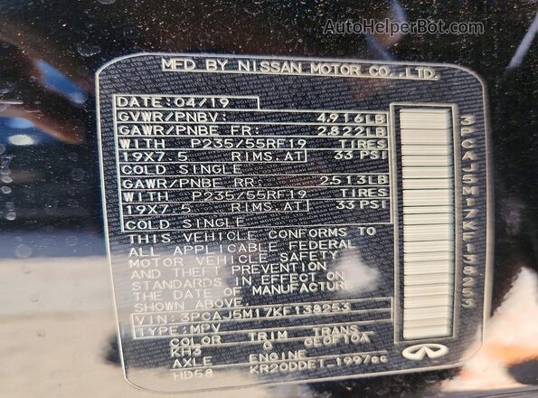3PCAJ5M17KF138253 2019 INFINITI QX50 Black Widok naklejki z numerem VIN
