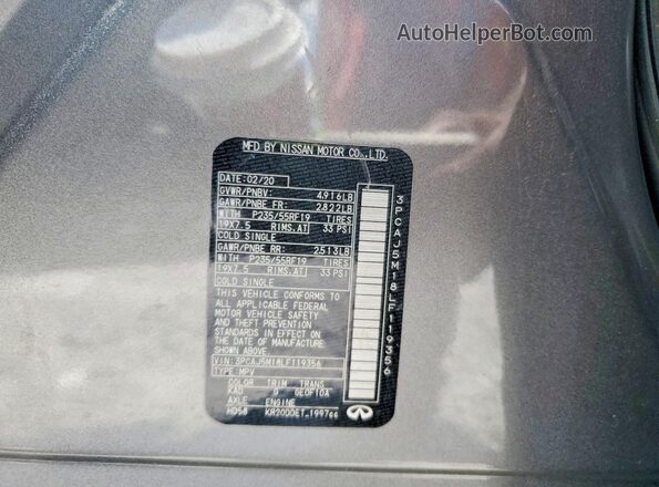 3PCAJ5M18LF119356 2020 INFINITI QX50 Gray VIN კოდის სტიკერის ხედი