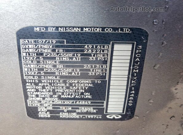 3PCAJ5M1XKF144869 2019 INFINITI QX50 Gray VIN კოდის სტიკერის ხედი