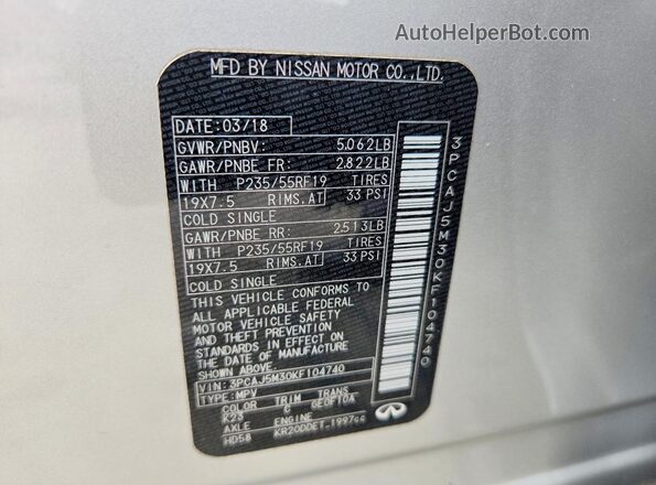 3PCAJ5M30KF104740 2019 INFINITI QX50 Silver VIN sticker view