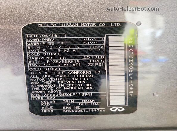 3PCAJ5M30KF113941 2019 INFINITI QX50 Серый Вид наклейки с VIN-кодом