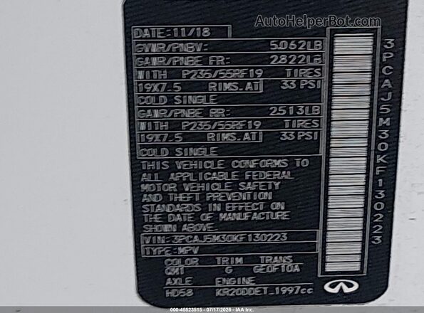 3PCAJ5M30KF130223 2019 INFINITI QX50 White Вид підкапотного простору