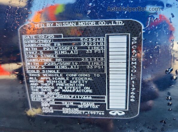 3PCAJ5M30LF117666 2020 INFINITI QX50 Blue Vista de la etiqueta del VIN