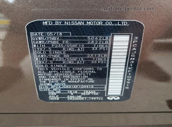 3PCAJ5M31KF109915 2019 INFINITI QX50 Серый Вид наклейки с VIN-кодом