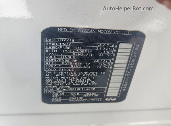 3PCAJ5M31KF116248 2019 INFINITI QX50 White VIN sticker view