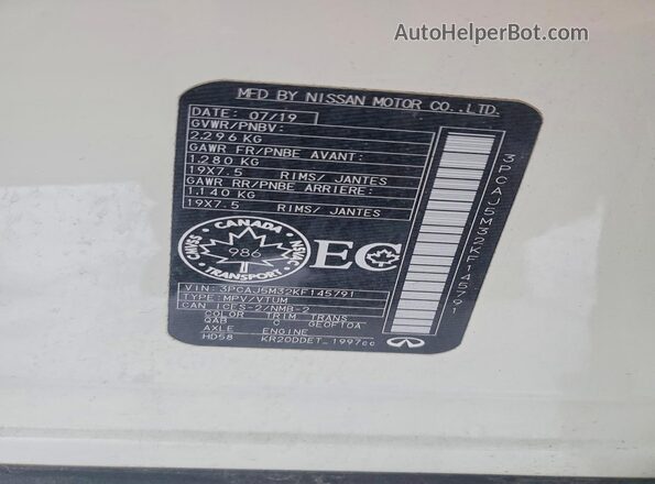 3PCAJ5M32KF145791 2019 INFINITI QX50 White Вид наклейки з VIN-кодом