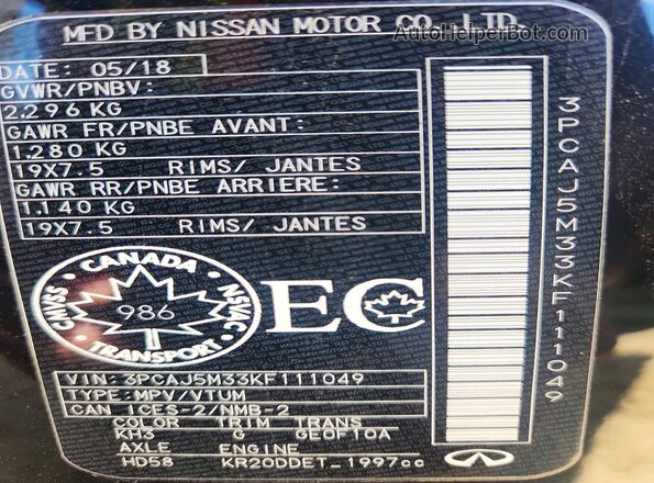 3PCAJ5M33KF111049 2019 INFINITI QX50 Black VIN კოდის სტიკერის ხედი