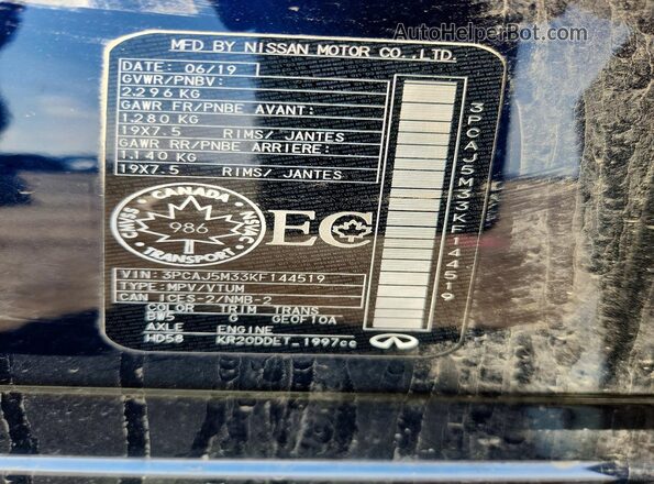 3PCAJ5M33KF144519 2019 INFINITI QX50 Blue VIN კოდის სტიკერის ხედი