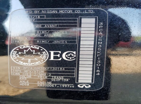 3PCAJ5M35KF130184 2019 INFINITI QX50 Black VIN sticker view