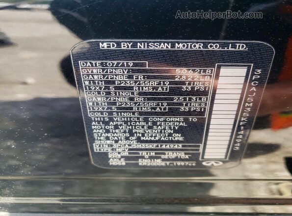 3PCAJ5M35KF144943 2019 INFINITI QX50 Black VIN კოდის სტიკერის ხედი