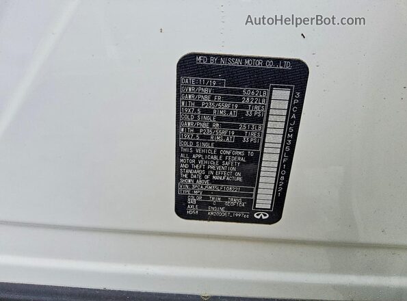 3PCAJ5M35LF108221 2020 INFINITI QX50 White Вид наклейки з VIN-кодом