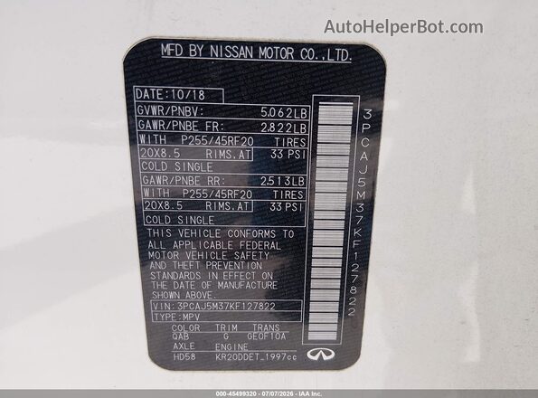 3PCAJ5M37KF127822 2019 INFINITI QX50 White Vista del compartimento del motor