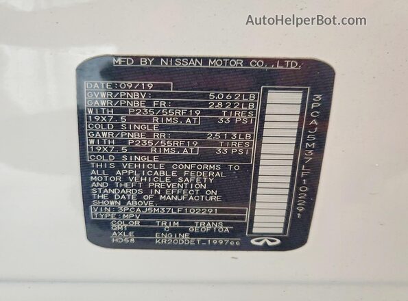 3PCAJ5M37LF102291 2020 INFINITI QX50 White VIN կոդի պիտակի տեսք