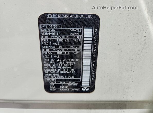 3PCAJ5M37LF120838 2020 INFINITI QX50 Кремовый Вид наклейки с VIN-кодом